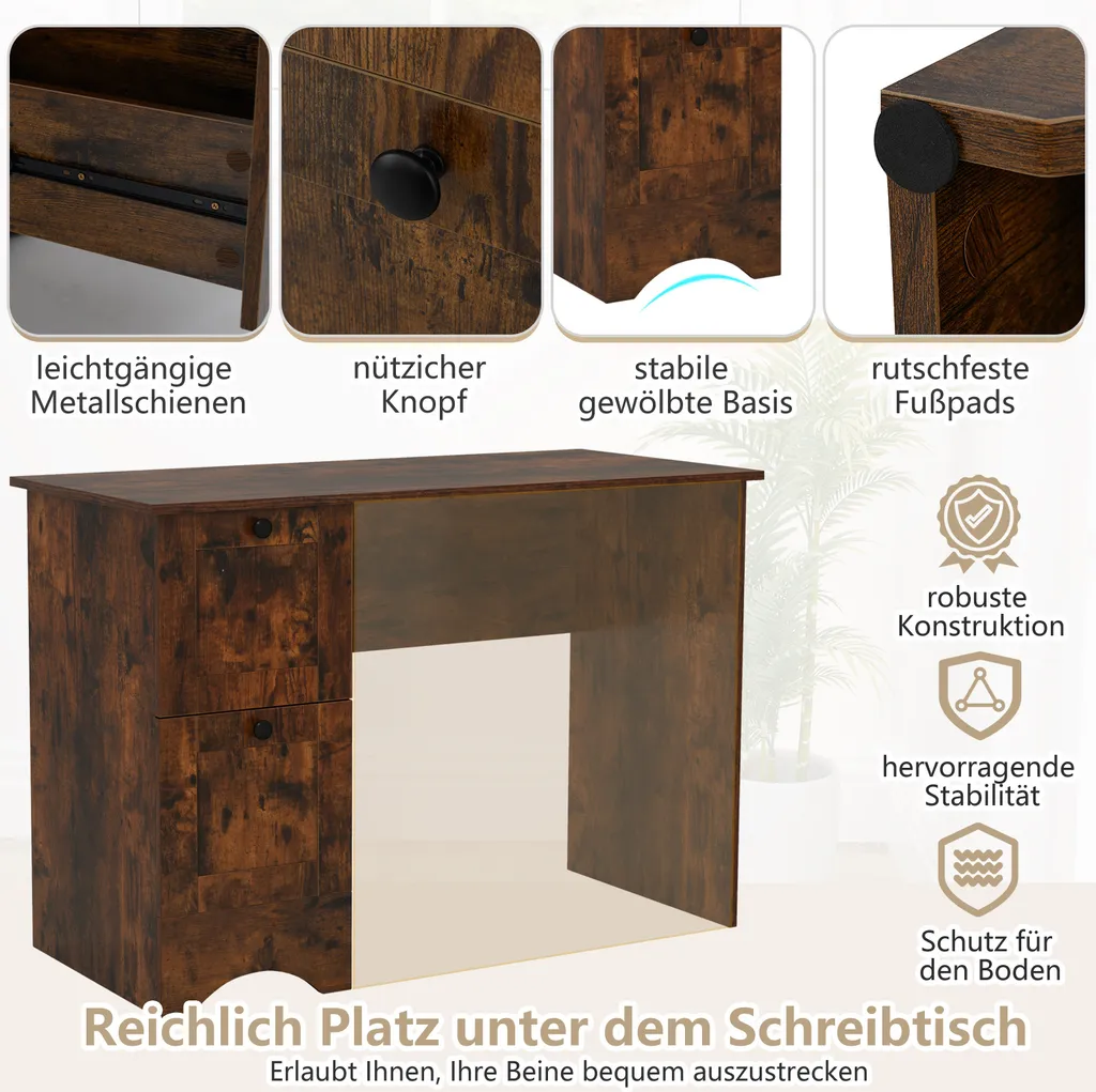 Bureau Moderne 109cm avec 2 Tiroirs de Rangement Style Industriel