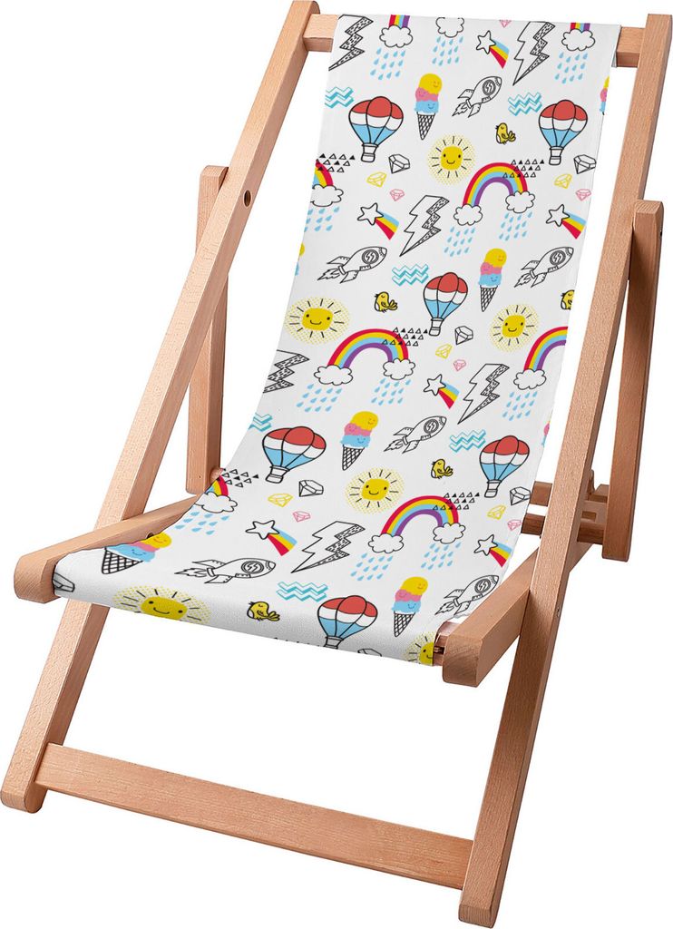 Dreamroots Kinder Liegestuhl klappbar Holz bis zu 130 kg, Sonnenliege klappbar mit 3-stufiger Neigungsregulierung der Rückenlehne,Ballons and Rainbow