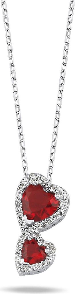 Damen Halskette 925 Silber Rhodium Doppel-Herz Roter Stein