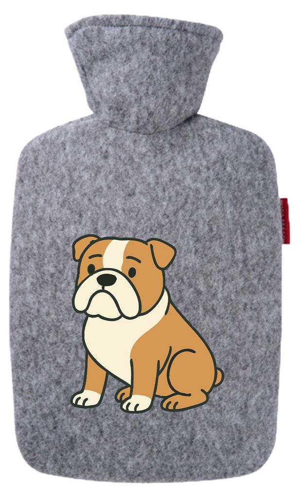 Huuraa Wärmflasche English Bulldog Comic Bully 1,8 Liter Filz Classic Filzbezug Bettflasche Geschenkidee