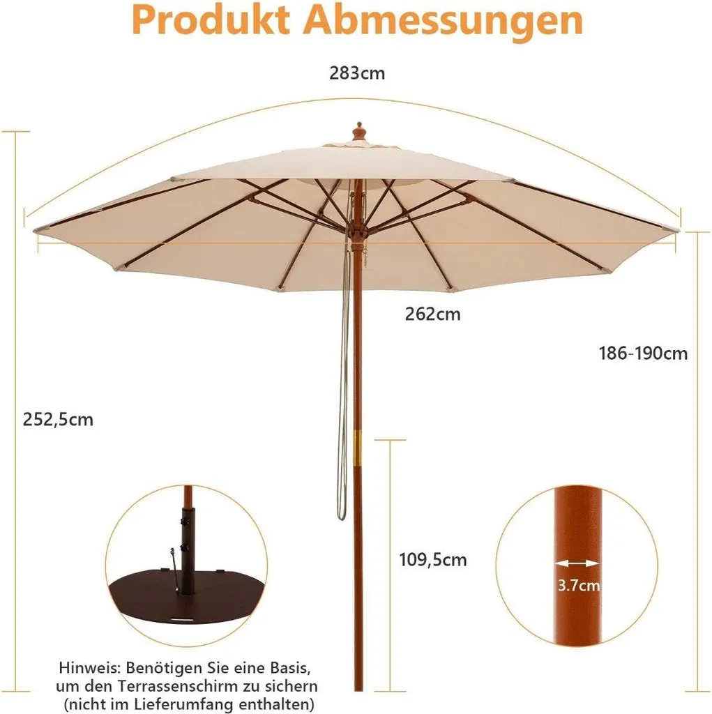 Grand parasol de jardin rectangulaire en bois et toile beige sable