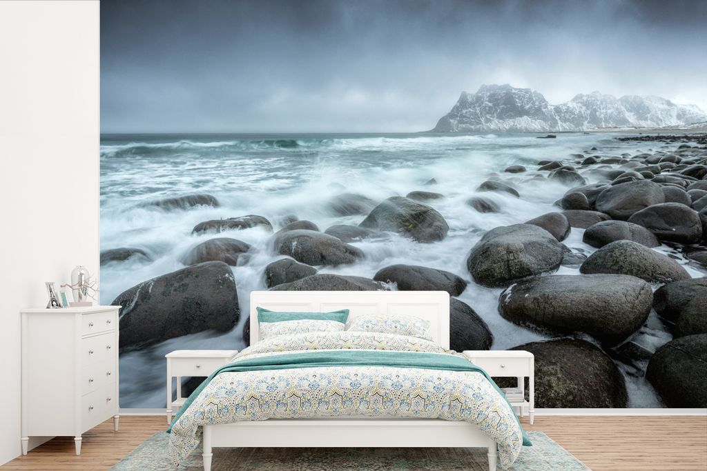 MuchoWow Fototapete für Wohnzimmer oder Schlafzimmer Wandtapete Vinyl Motivtapete Meer - Stein - Himmel - 330x220 cm - Fototapeten