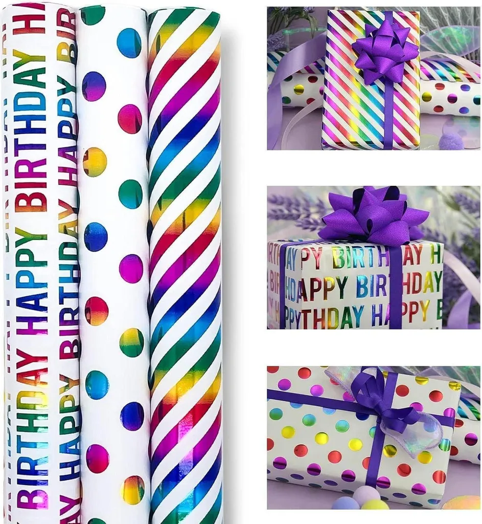 Papier cadeau arc-en-ciel scintillant - Lot de 3 rouleaux 43cm x 3m