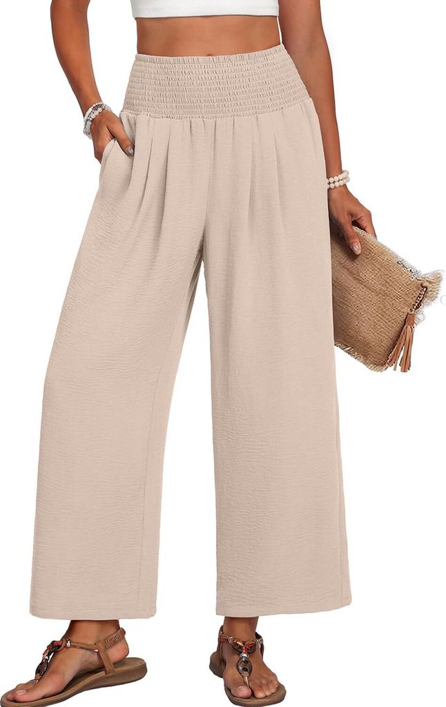 ASKSA Damen Leinenhose Sommerhose Leicht Strandhose Locker Stoffhose Weite Beine Musselin Palazzo Hose mit Taschen (Beige,XL)