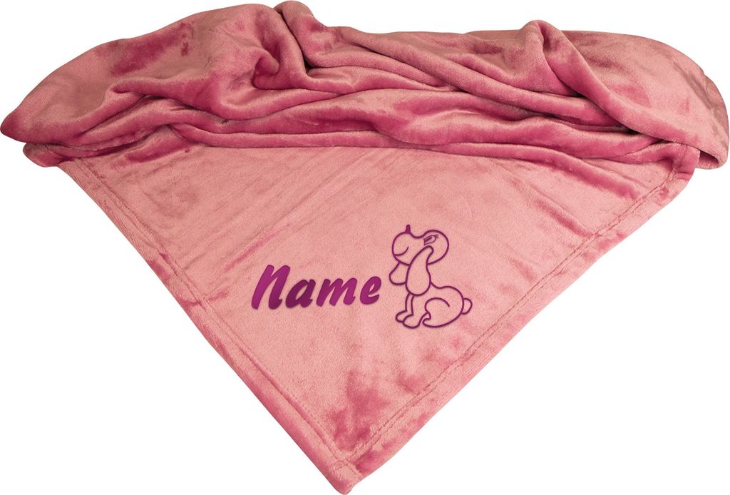 Schecker Mikrofaserdecke Premium - Motiv: Hund mit Name - Altrosa 150 cm x 95 cm - bestickt mit dem Namen Ihres Hundes
