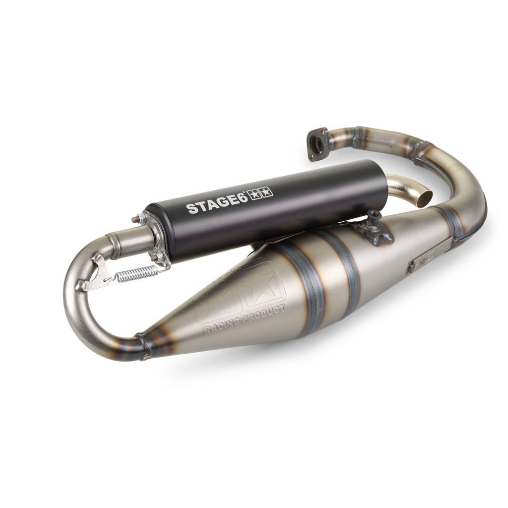 stage6 pro replica mk2 schwarzer auspuff für vertikale minarelli-motoren, homologiert.