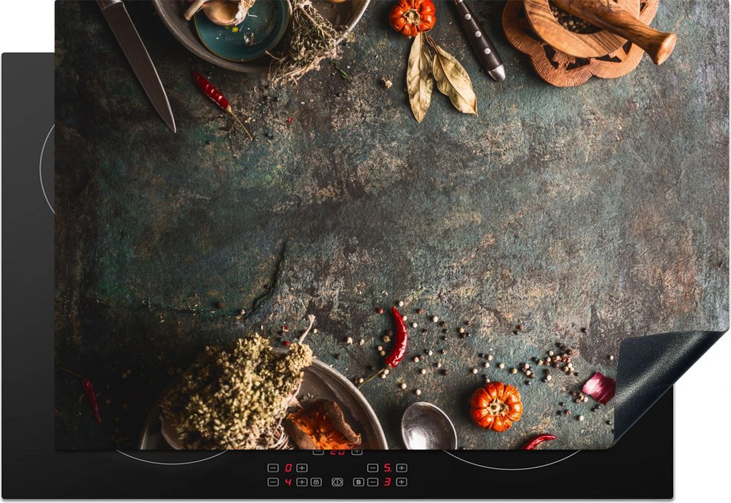 KitchenYeah Herdabdeckplatte Marmor - Gemüse - Herbst - Kürbis - Rustikal - Kräuter , 77x51cm, Küche Deko, Glaskeramikkochfeld Herdabdeckung,...