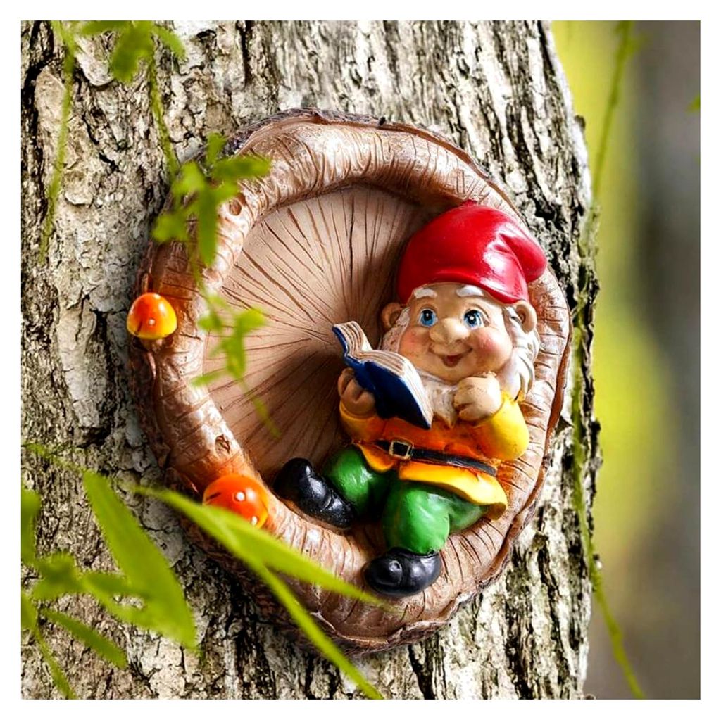 Gartenzwerg Harzstatue als Baumschmuck, Miniaturstatuendekoration. Figur für Garten und Innenbereich. Zwerg und Fenster kreative Kunstwerke