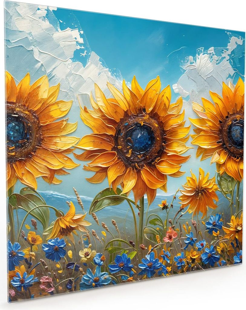 Küchenrückwand Spritzschutz Glas mit Motiv Sonnenblumenwiese 40 x 40 cm