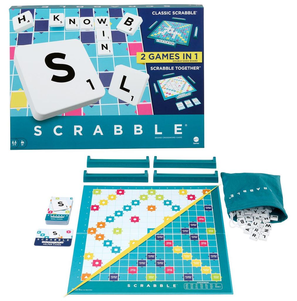 Mattel Games Scrabble-Brettspiel, Wortspiel für Familien mit zwei Spielmöglichkeiten, enthält 50 Zielkarten mit Scrabble-Basics für 2-4 Spieler...