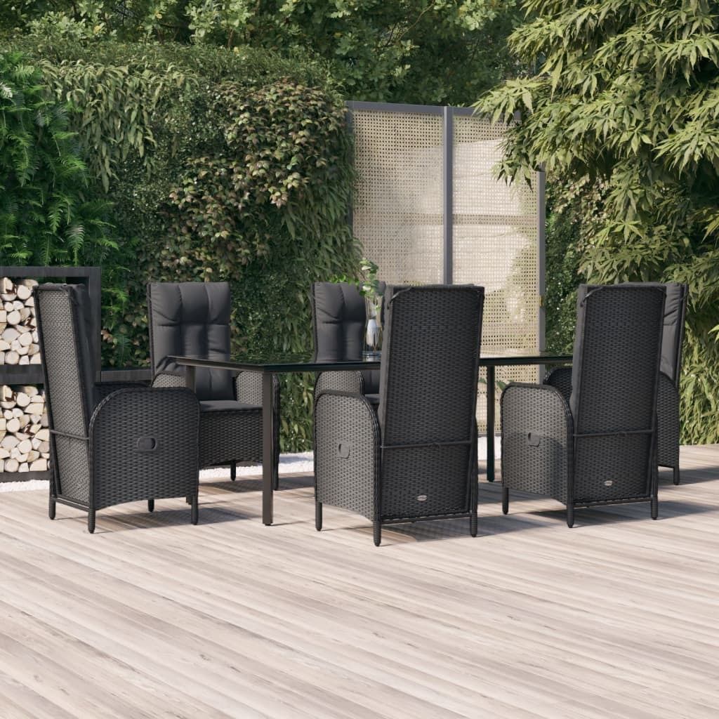 The Living Store 7-tlg. Garten-Essgruppe mit Kissen Schwarz Poly Rattan
