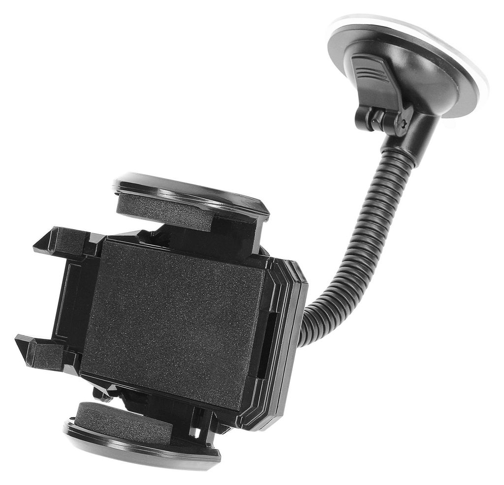 A black smartphone car mount with a flexible gooseneck and suction cup base is shown against a white background.