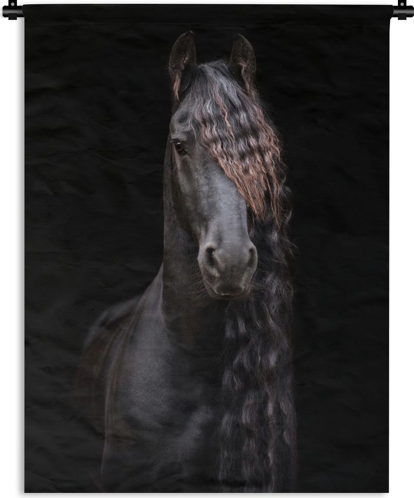 MuchoWow Wandteppich Wandbehang Pferde - Friesisch - Mähne - Schwarz - Tiere 120x160 cm Tapisserie Dekoration Wandtuch - Wohnzimmer - Moderne