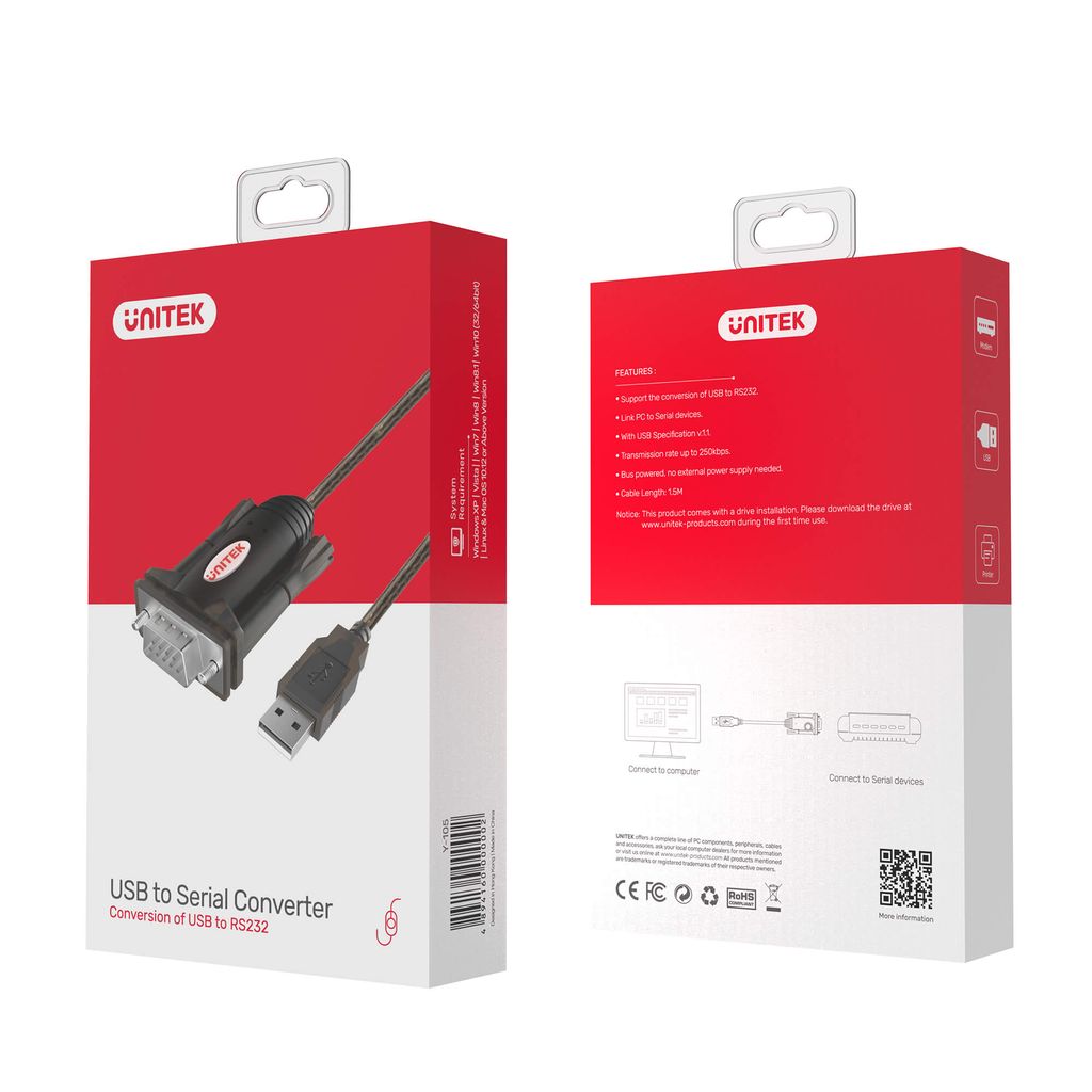 UNITEK Y-105 Serien-Kabel Schwarz 1 5 m USB Typ-A DB-9 Produktbild 