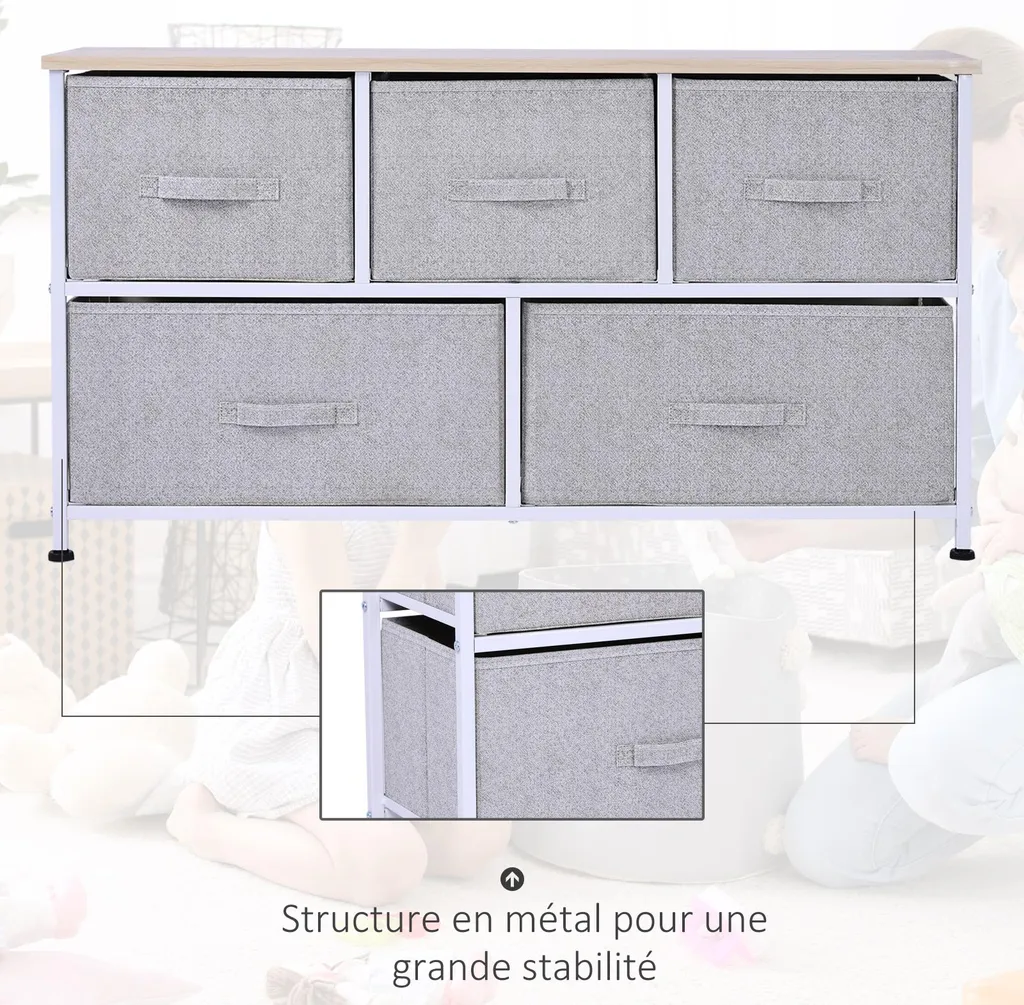 HOMCOM Commode de Rangement 5 Tiroirs 100x30x54cm Acier Blanc et Gris