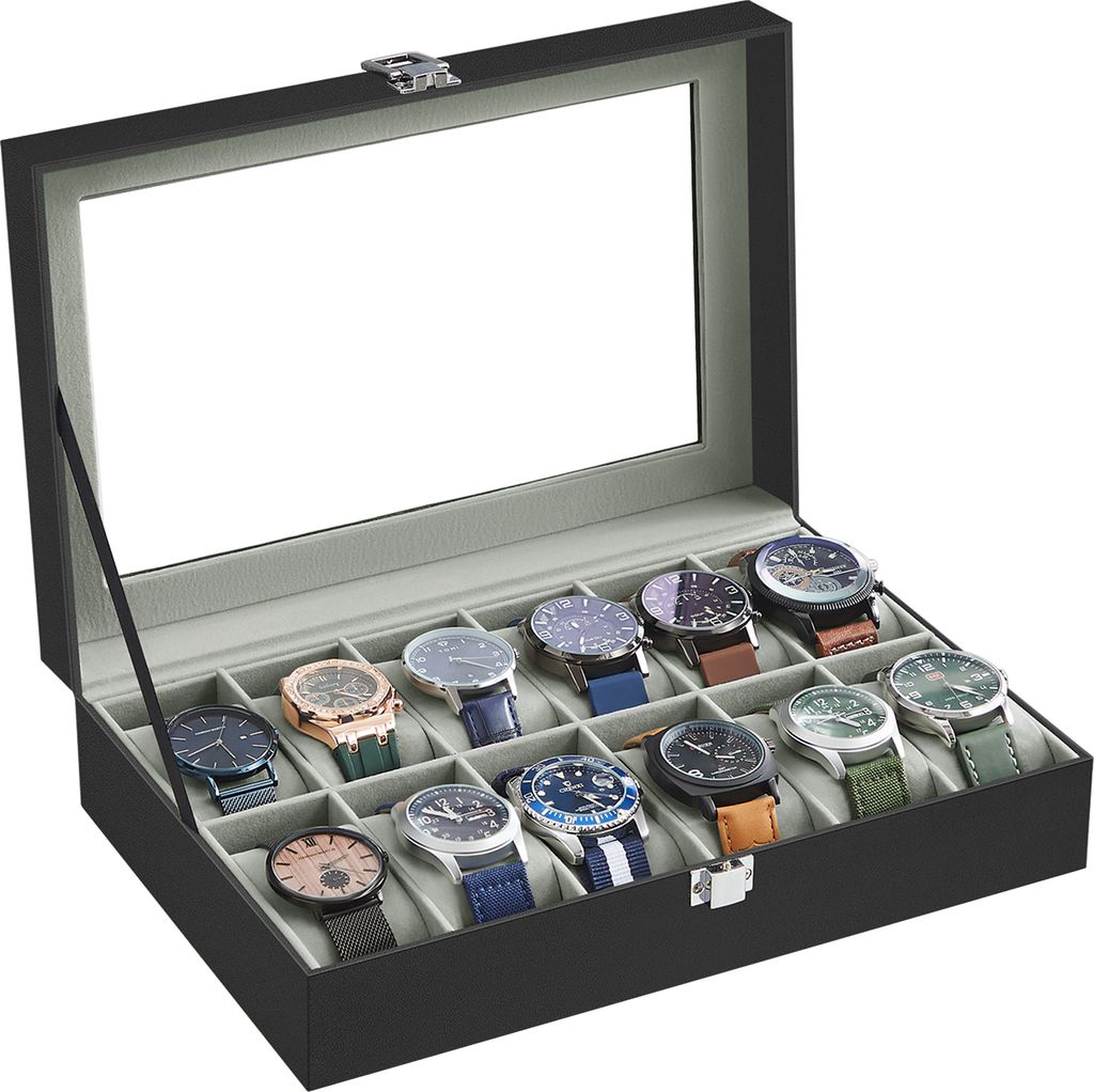 SONGMICS Uhrenbox Uhrenkasten, mit 12 Fächern, Glasdeckel, Produktbild 