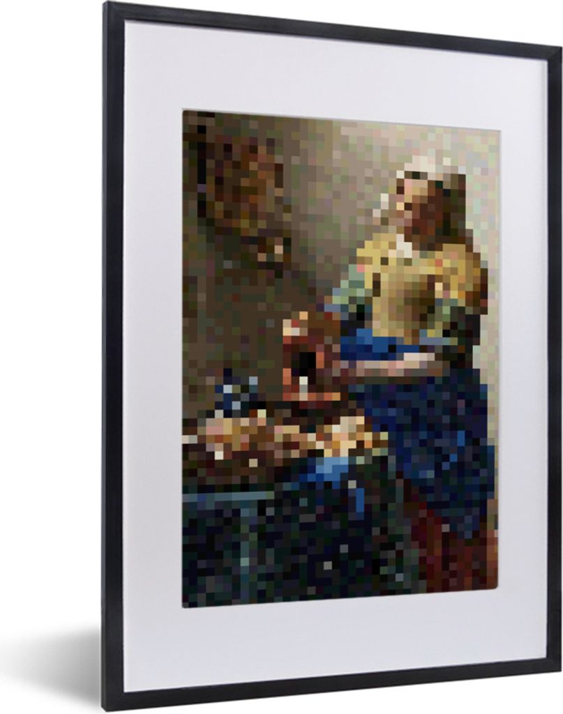 MuchoWow MuchoWow Gerahmtes Poster Das Milchmädchen - Johannes Vermeer - Pixel 30x40 cm - Poster mit zchwarzem Bilderrahmen - Wandposter Schla...