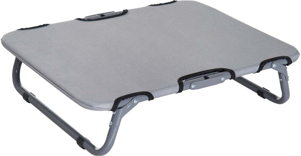 A gray foldable pet cot with metal legs is shown from a slightly elevated side angle on a white background.