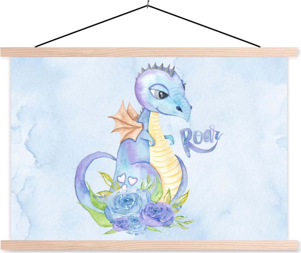 MuchoWow Textilposter Dino - Kinderzimmer - Aquarell - Jungen - Kinder 60x40 cm mit holzfarbenen Rahmen - Bilder