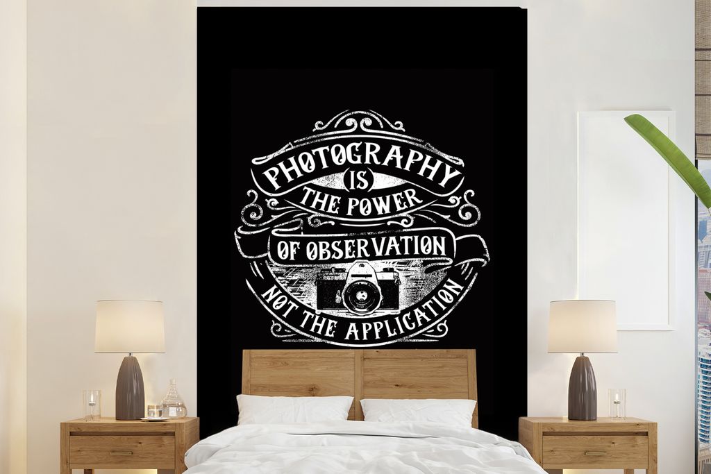 MuchoWow Fototapete für Wohnzimmer oder Schlafzimmer Wandtapete Vinyl Motivtapete Kamera - Vintage - Zitat - 225x350 cm - Schlafzimmer tapete