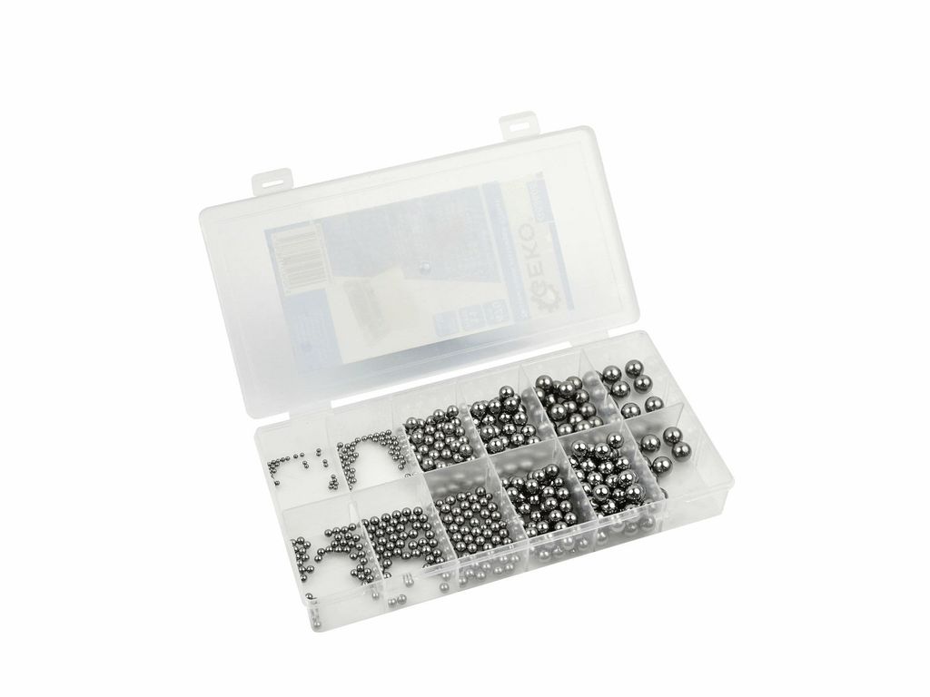 A clear, well-lit studio shot of a transparent plastic organizer box filled with various sizes of metal ball bearings, set against a plain white background.