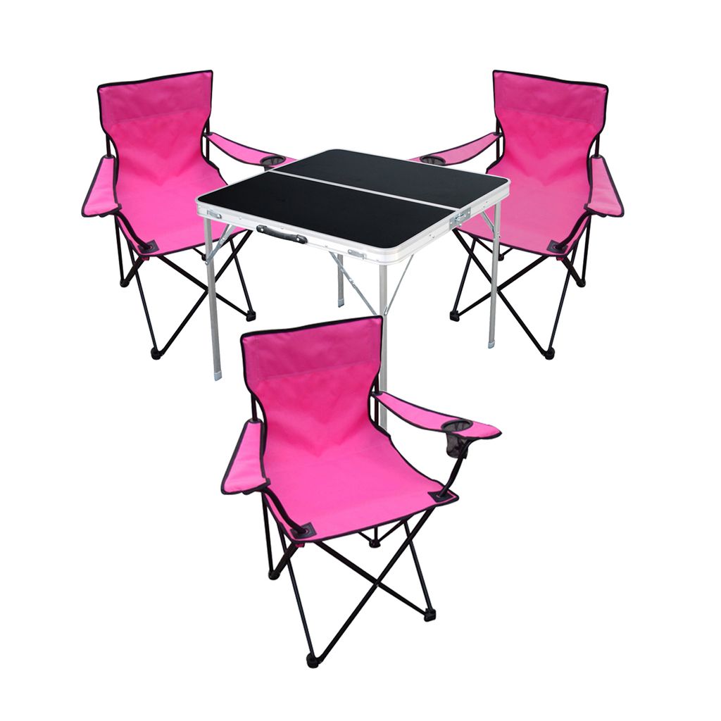 4-teiliges Campingmöbel Set pink Tisch schwarz + Campingstühle