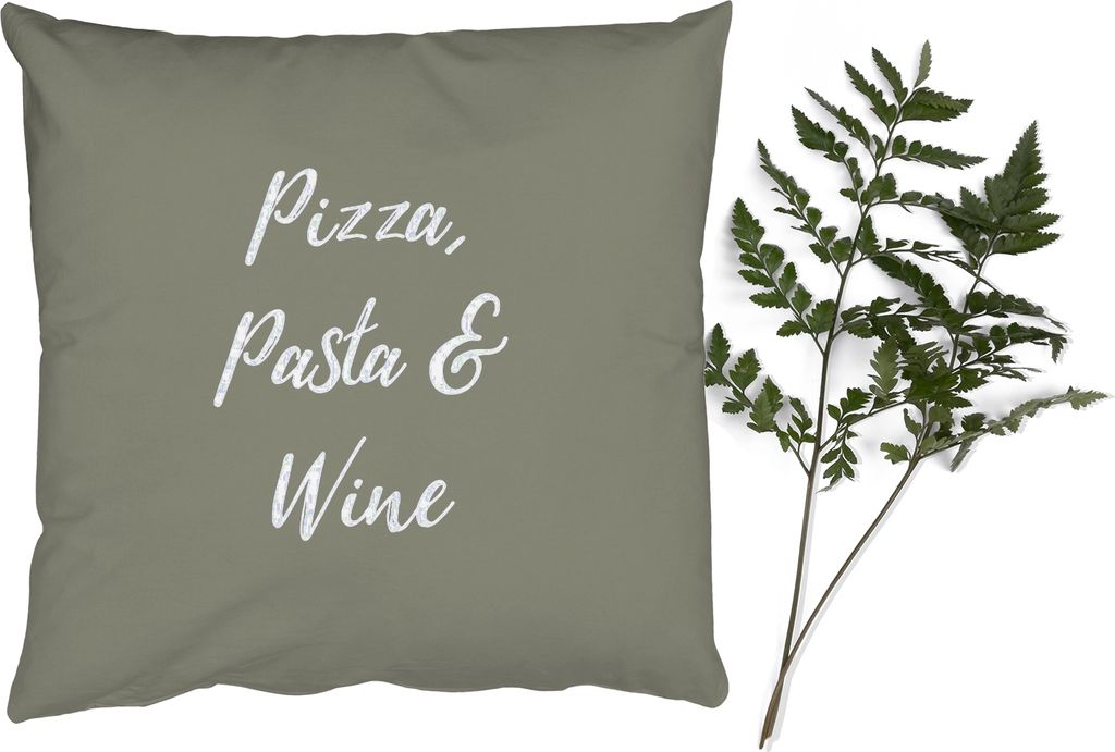 MuchoWow Zierkissen Sofakissen Wohnzimmer Dekokissen 50x50 cm Sprichwörter - Pizza, Pasta & Wein - Zitate - Essen - Trinken - Komfort - Sofakissen