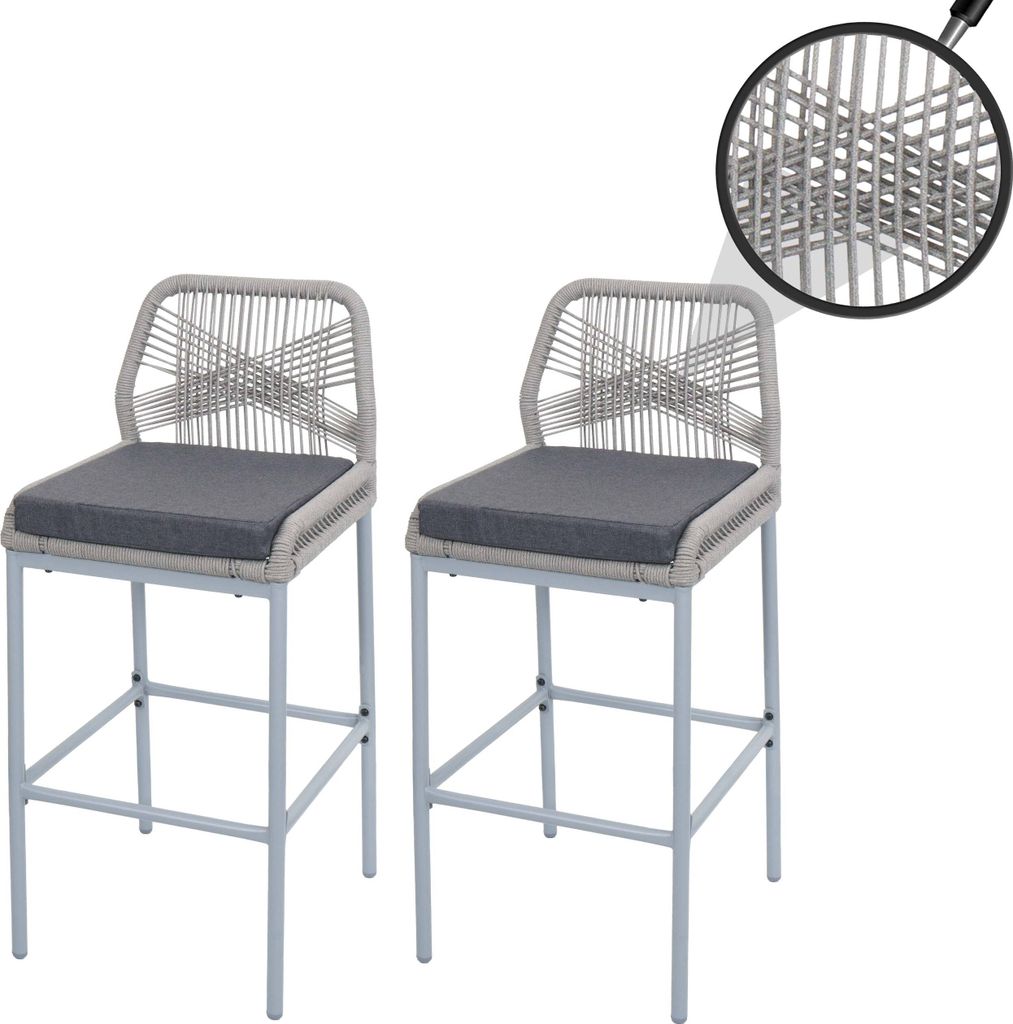 2er-Set Rope-Barhocker HWC-O21, Outdoor Sitzpolster Seilgeflecht Metall hellgrau, Kissen dunkelgrau