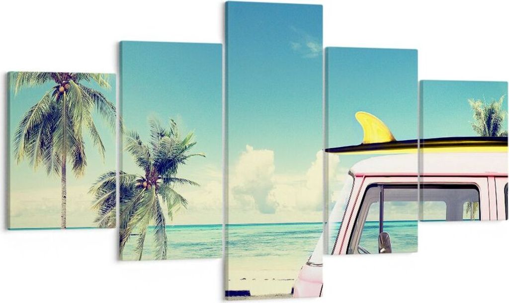 Bild auf Leinwand - Leinwandbild - Auto Surfbrett Strand Ozean - 125x70cm - Wand Bild - Wanddeko - Leinwanddruck - Bilder - Kunstdruck - Wanddekora...