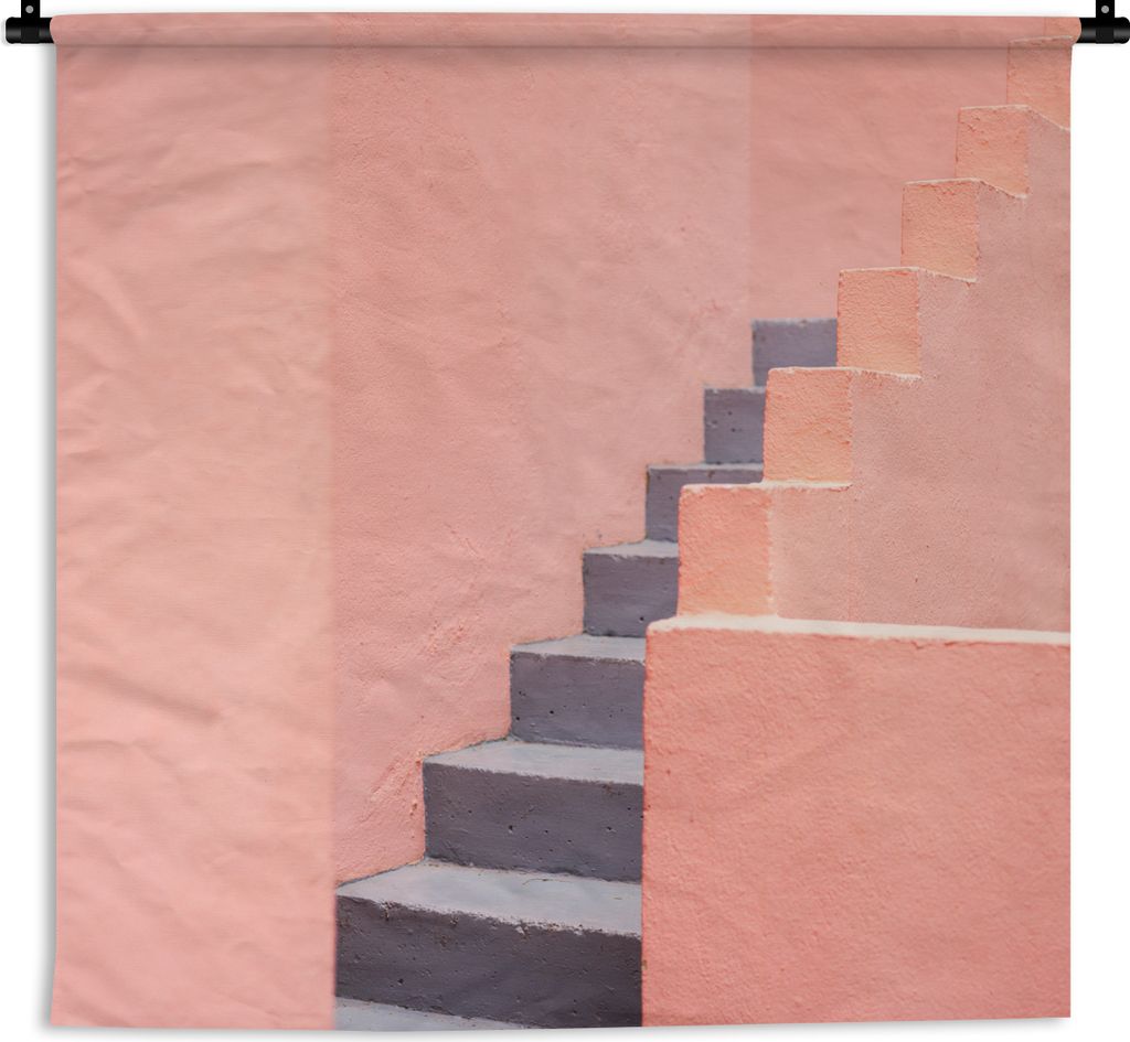 MuchoWow Wandteppich Wandbehang Treppe - Architektur - Rosa - Pastell 120x120 cm Tapisserie Dekoration Wandtuch - Modern - Baumwollgewebe