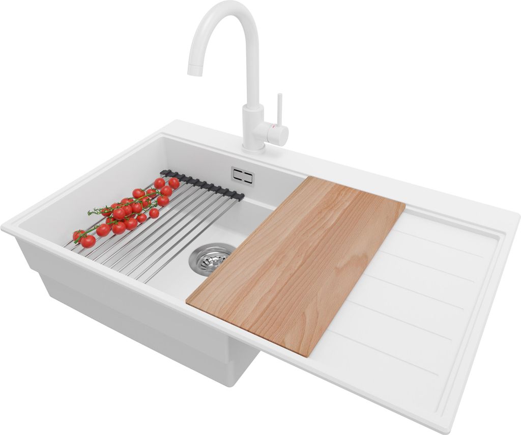 PRIMAGRAN Granitspüle Weiß 78x50cm, Spülbecken 1 Becken + Küchenarmatur 32x20cm + Ablauf-Set + Küchenzubehörset, Küchenspüle ab 50er Unters...