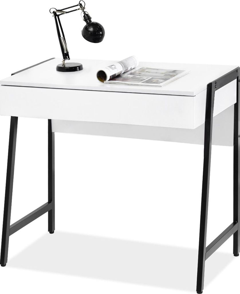 A white desk with black metal legs, a black desk lamp, and a rolled-up newspaper on top.