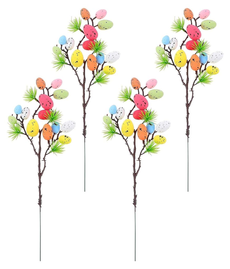4 Stück Ostereierzweige 32 cm Bunt mit Vogeleiern Umweltfreundlich Selbstgemacht Osterzweig Dekoration für Osterfeiern und Fotorequisiten