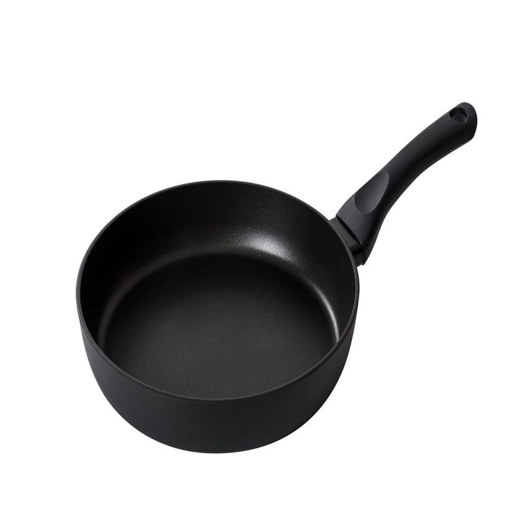 A black frying pan on a white background.