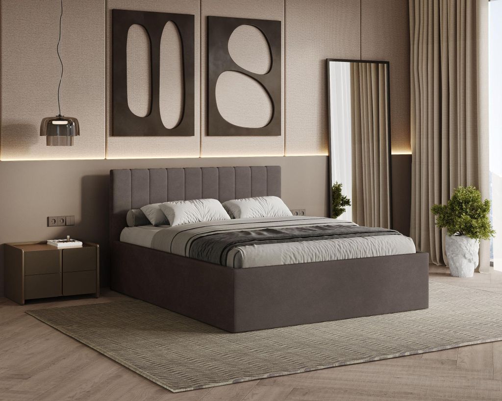 Polsterbett RETTAN mit Kopfteil, 160x200 cm, Doppelbett mit Bettkasten und Lattenrost aus Holz, Velourstoff, Farbe: Braun