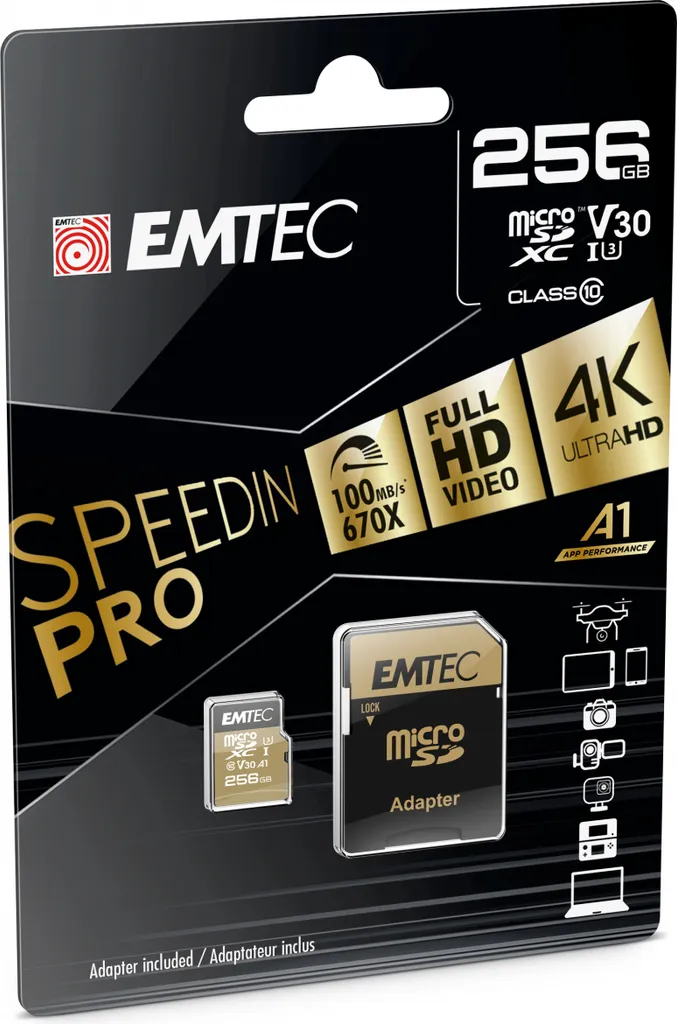 Carte Mémoire pour Drone et Caméra 4K Emtec 256Go SpeedIN Pro UHS-I U3