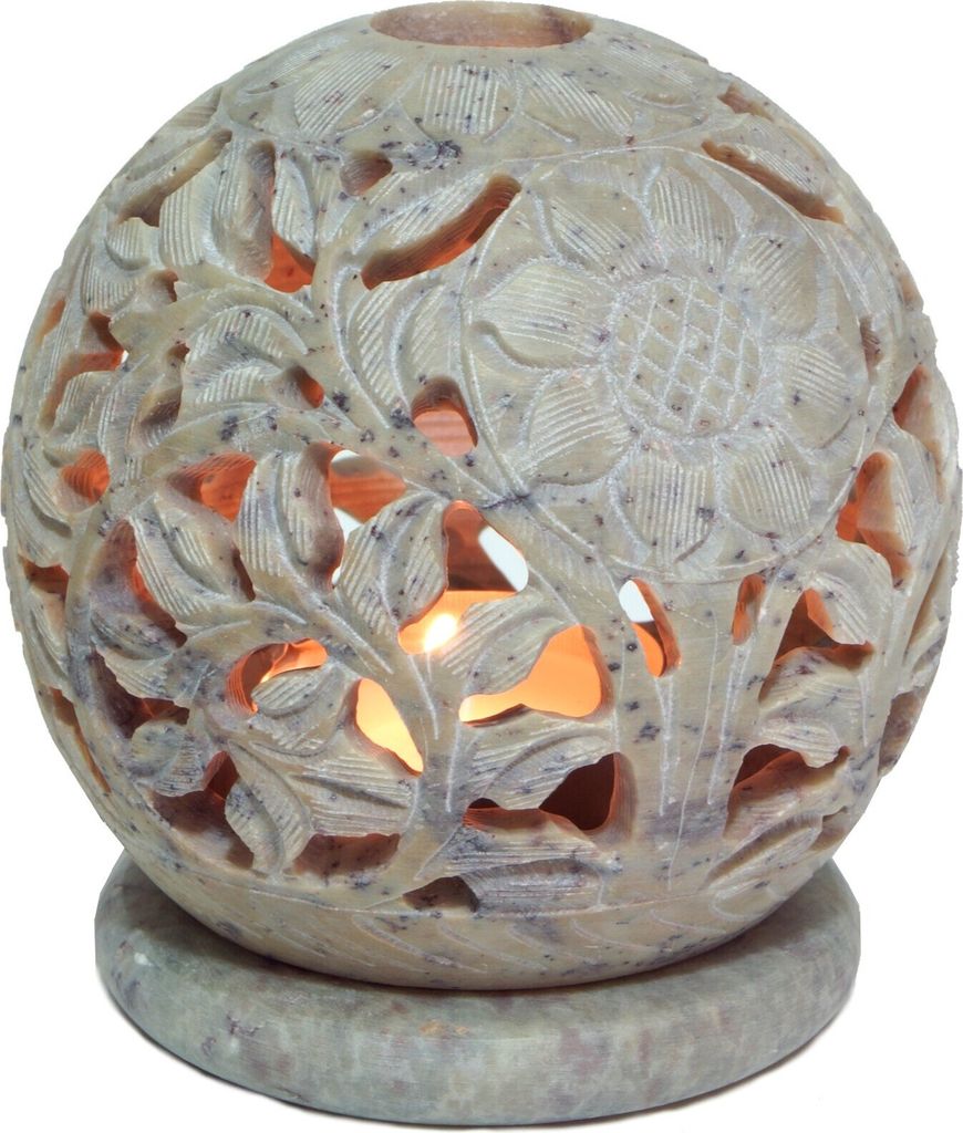 Indisches Duft Potpourri Behälter aus Speckstein, Teelicht - Kugel Blüten, Creme-weiß, 8,5*8*8 cm, Duftlampen & Öllampen