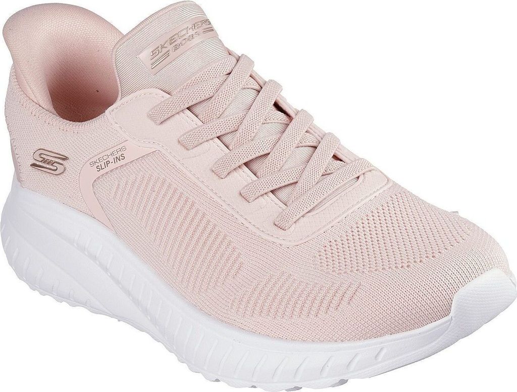 A pink Skechers slip-in sneaker with a white sole, shown from a side angle against a white background.