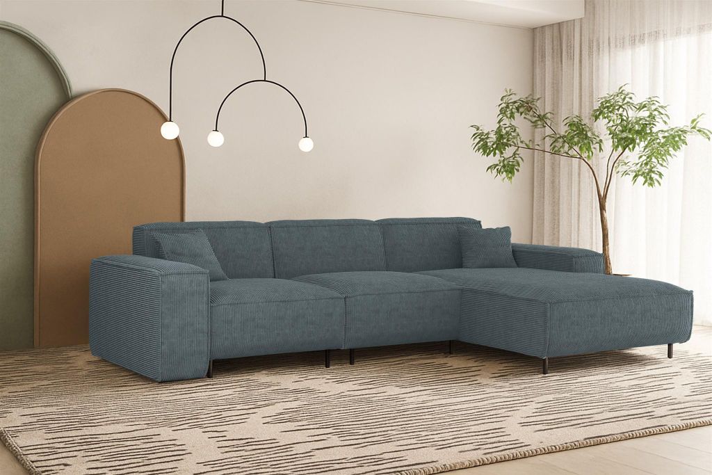 Ecksofa Designersofa GLORIA in Stoff Scala Blau Ottomane Rechts