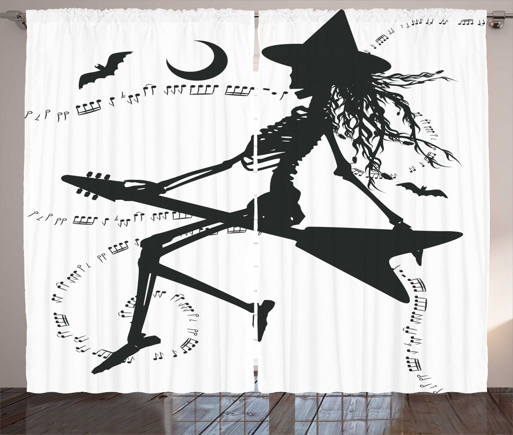 ABAKUHAUS Musik Rustikaler Vorhang, Hexe auf Gitarre, Wohnzimmer Universalband Gardinen mit Schlaufen und Haken, 280 x 245 cm, Weiß Schwarz