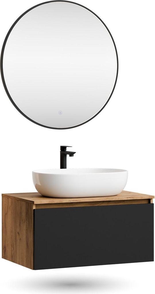Planetmöbel ARISA Badmöbel Set Schwarz – Mit Veluna LED Spiegel und weißem Keramik-Aufsatzwaschbecken 60 cm