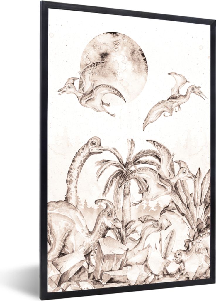 MuchoWow Gerahmtes Poster Dino - Kinder - Dschungel - Pflanzen - Kinder 20x30 cm - Poster mit Schwarzem Bilderrahmen Wandposter Rahmen Foto Bilde...