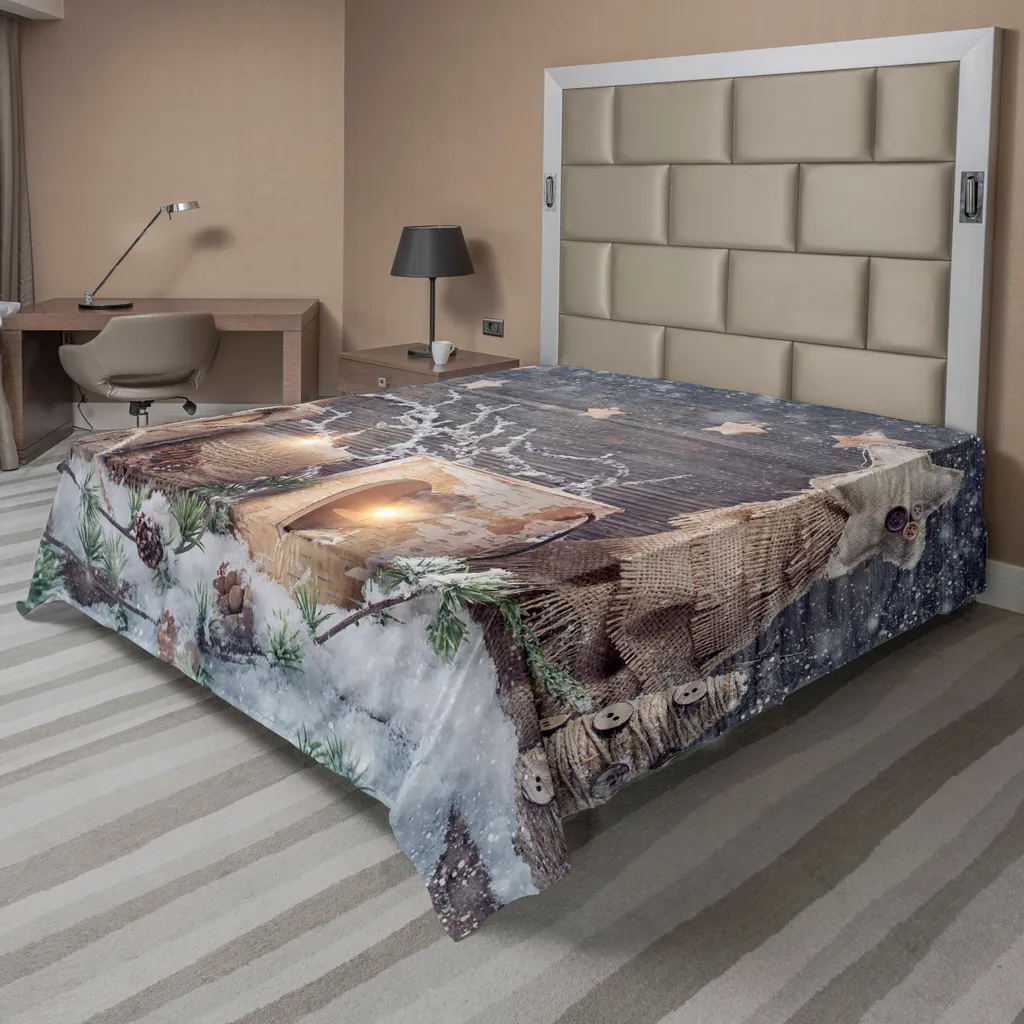 Drap de dessus décoratif pour lit King Size motif de Noël gris et kaki