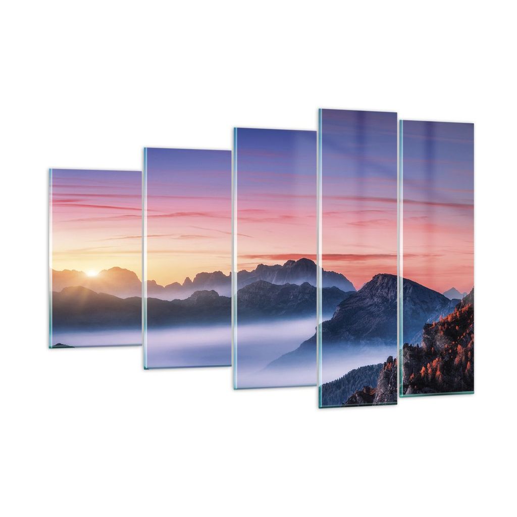 Bilder auf glas - 5 Teile - Westen Sonne Berge - 150x100cm - Glasbilder - Wandbilder - Bilder - zum Aufhängen bereit - Wanddekoration aus Glas - G...