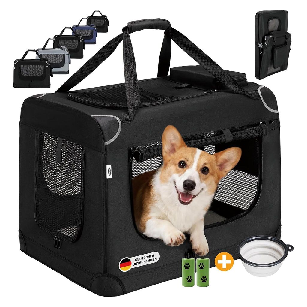 Faltbare Hundebox M 60x44x42cm, Robuste Transportbox Auto für Hund & Katze, Atmungsaktiv Wasserdicht Schwarz