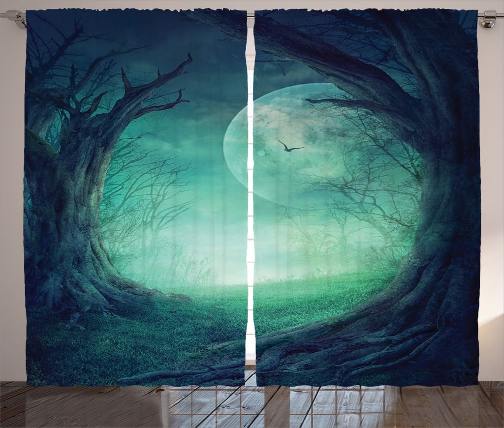 ABAKUHAUS gotisch Rustikaler Gardine, Spooky Tal in Woods, Schlafzimmer Kräuselband Vorhang mit Schlaufen und Haken, 280 x 245 cm, Grün
