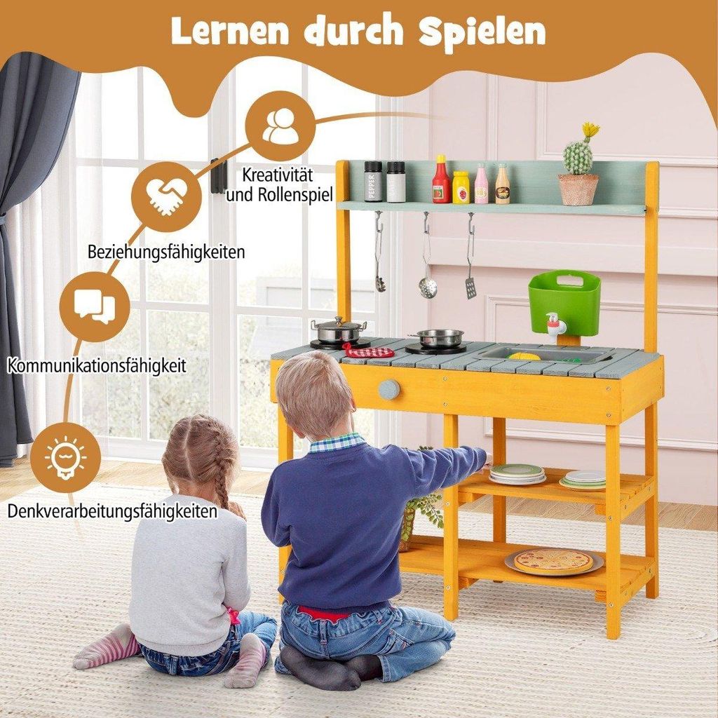Matschküche Kinder Outdoor Kinderküche Holz mit Wasserfunktion Spielküche mit Haken & abnehmbarem Regal Orange