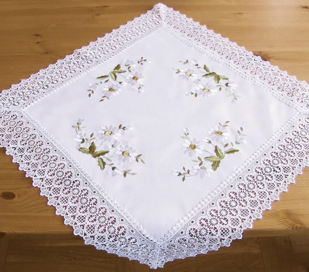 Centro Coperta 60x60 Voile Ricamato e Bordo Uncinetto | Eleganza Artigianale