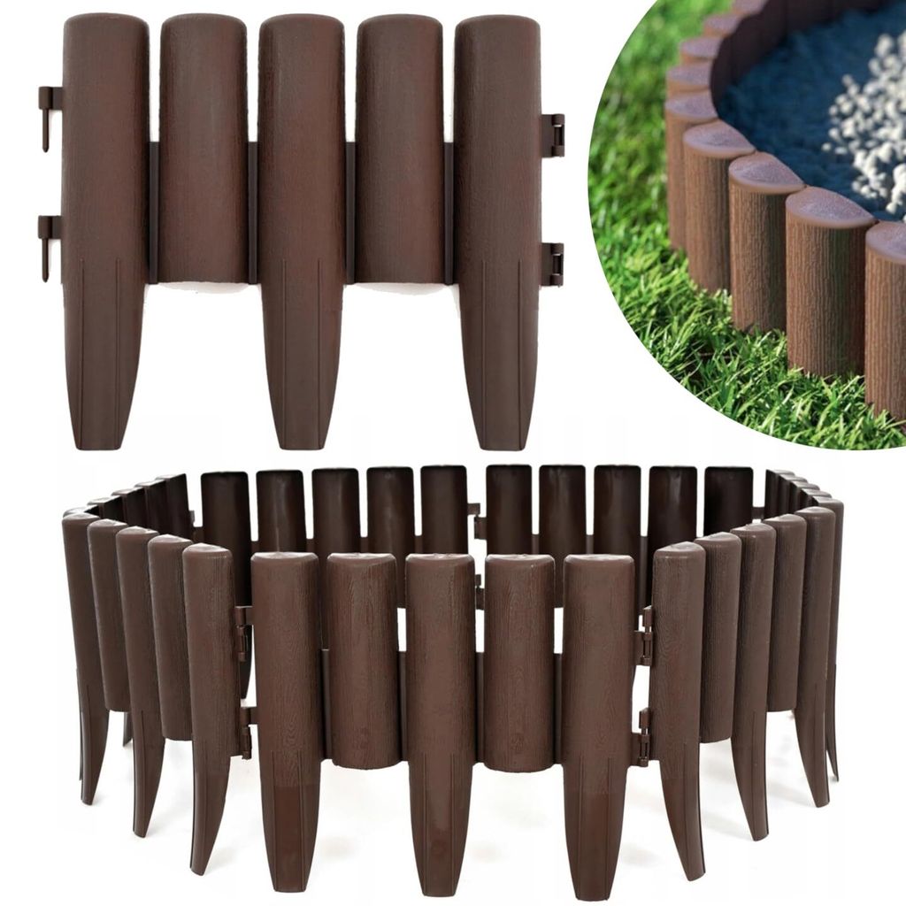 KRUMAD Rasenkante Kunststoff Holzoptik 10 Stück Set 2,8 Meter Höhe 24 cm Beeteinfassung Garten Flexible Beetumrandung Witterungsbeständig Braun