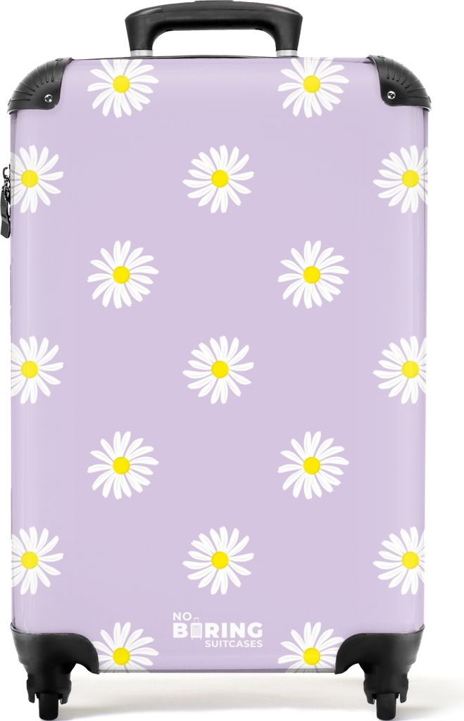 NoBoringSuitcases.com Koffer Handgepäck Trolley Rollkoffer Kleine Reisekoffer mit 4 Rollen - Pastellviolett mit Gänseblümchen - Cabin Size < 5...
